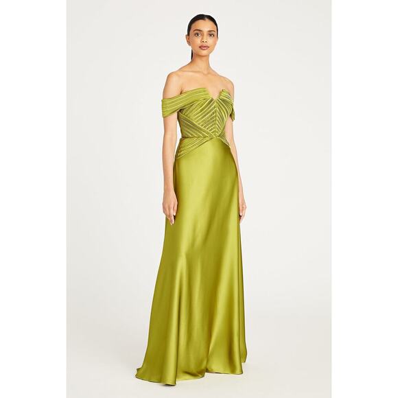 Theia Venus Pleated Off-Shoulder Drape A-Line Gown Peridot Size 0 NWT - Picture 3 of 15